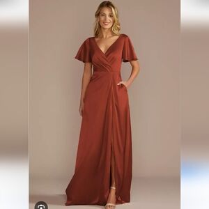 V-Neck Rust Maxi Dress with Flutter Sleeves